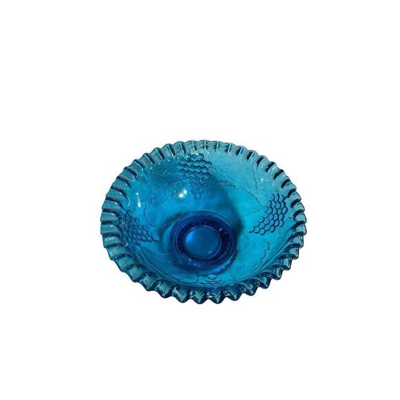 Vintage Depression blue glass fruit/candy bowl. Ruffle Edging. Grapes/leaves.10" - Picture 3 of 9